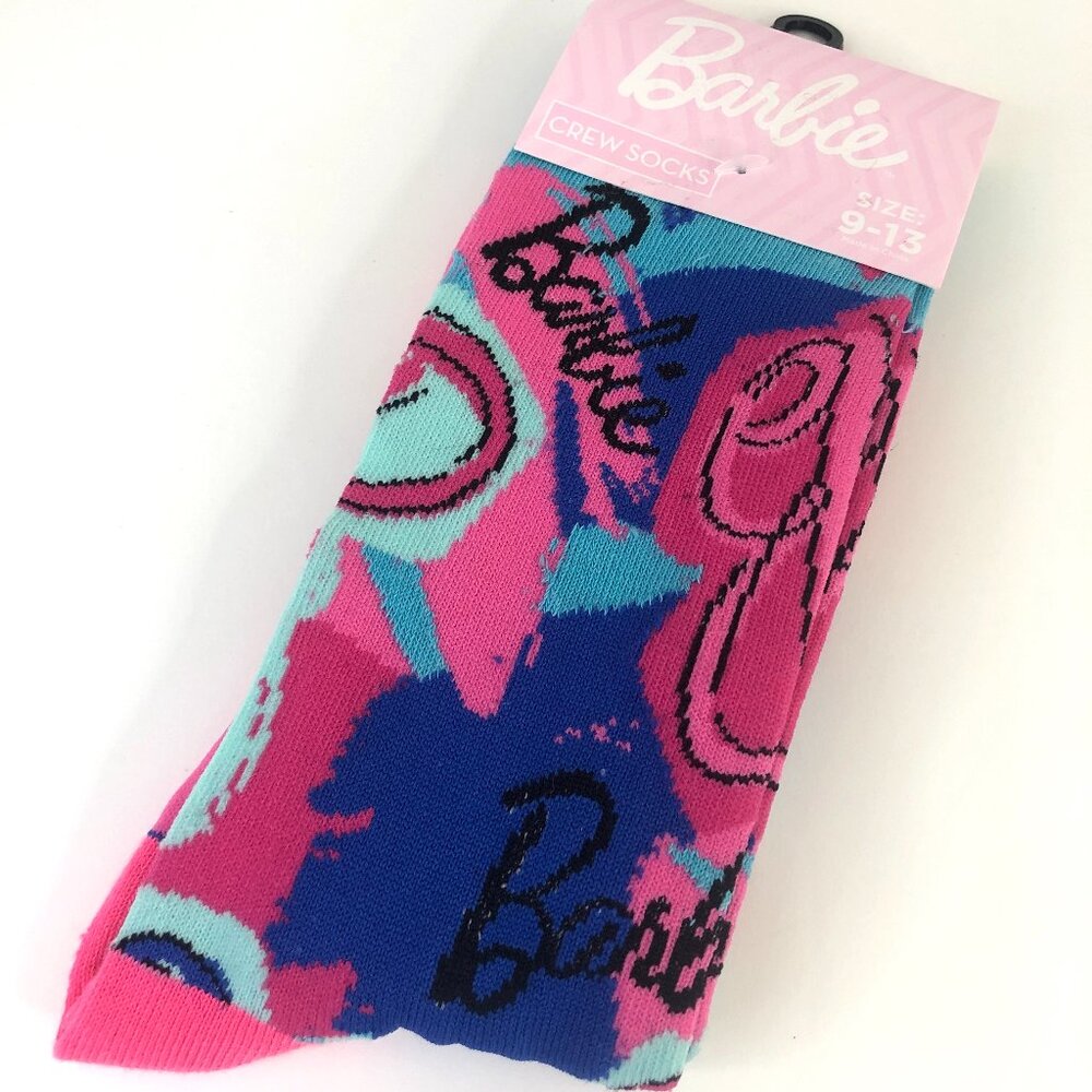 Womens Barbie Logos Crew Socks, Size 9-13, Pink/Blue Multicolor NEW